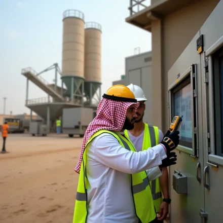 Engineers performing asphalt plant calibration using control panel at industrial site