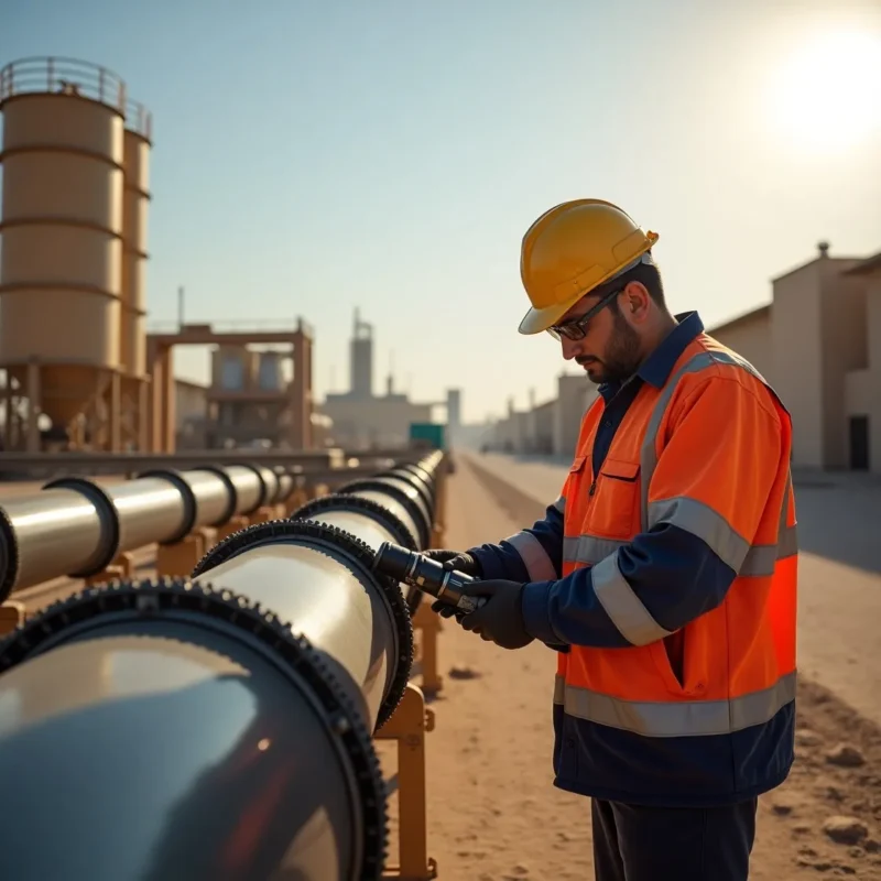 Worker checking industrial pipeline with inspection tool