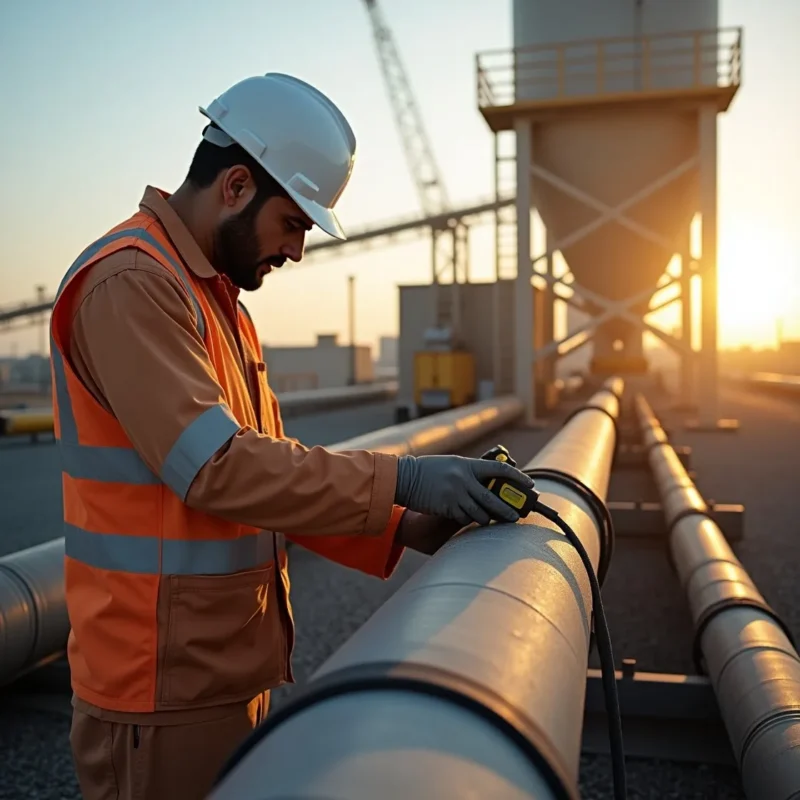 Industrial worker inspecting pipeline with handheld testing device