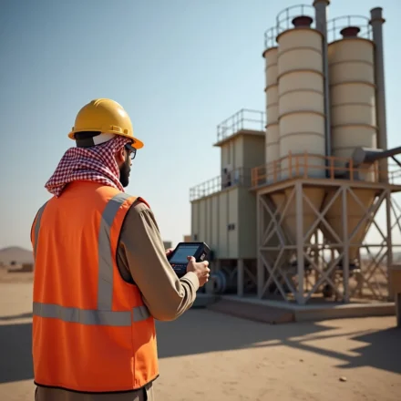 Engineer monitoring concrete plant operations using a digital control system